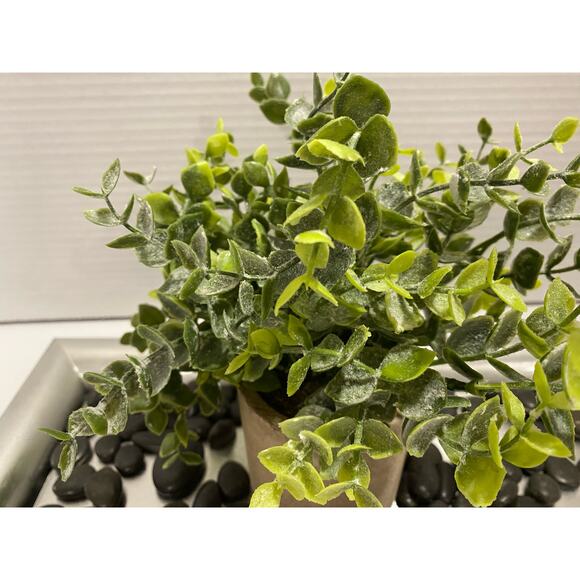 Artificial Plant with Stone Style Planter on Silver Tray with Black River Rocks - Picture 6 of 10